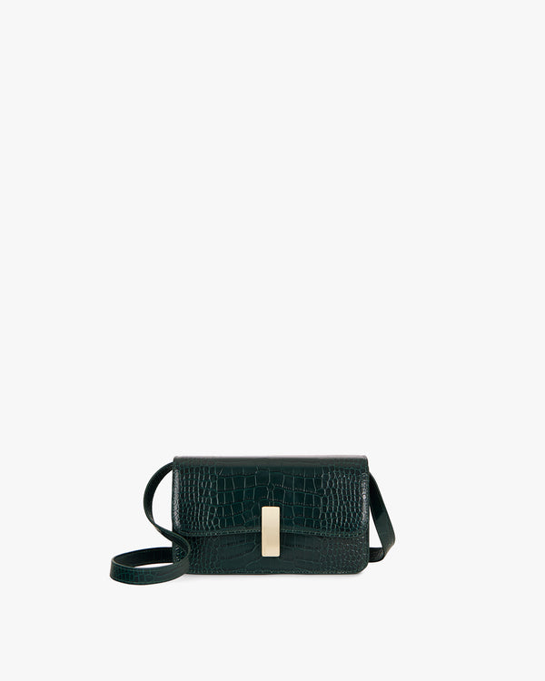 Sac BLAKE vert embossé crocodile, vue de face avec fermoir doré et bandoulière réglable