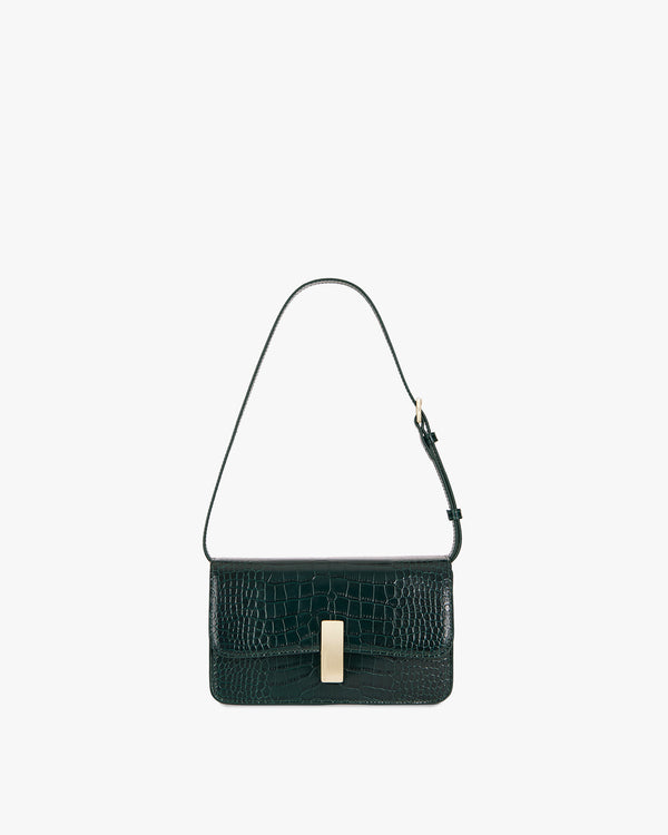 Sac BLAKE vert embossé crocodile, vue de face, porté en bandoulière avec anse fine réglable