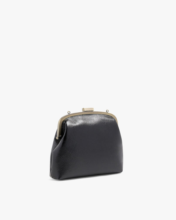 Sac EMMA noir naplak, vue de trois quarts, fermoir cadre métallisé, sans bandoulière