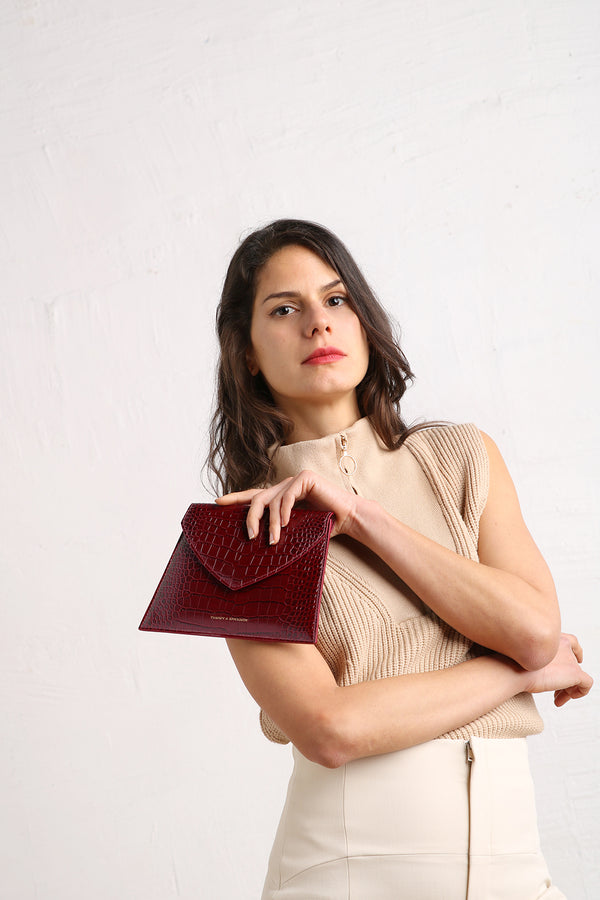 POCHETTE GABRIELLE - Bordeaux - Embossé Crocodile