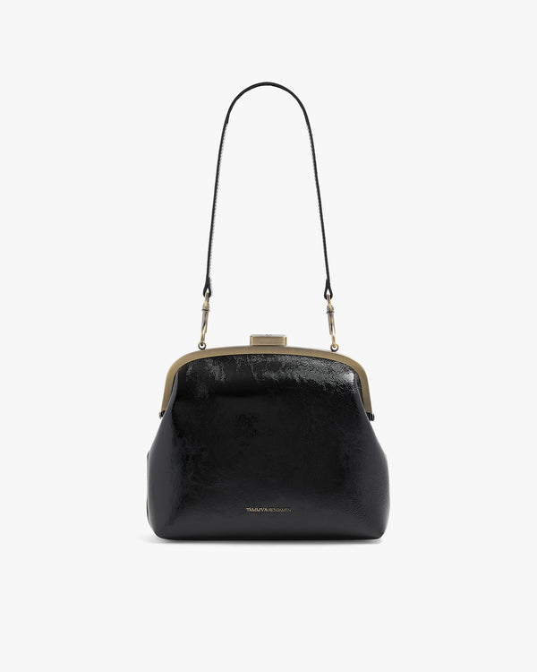 Sac EMMA noir naplak, vue de face avec bandoulière longue en cuir, fermoir fermé