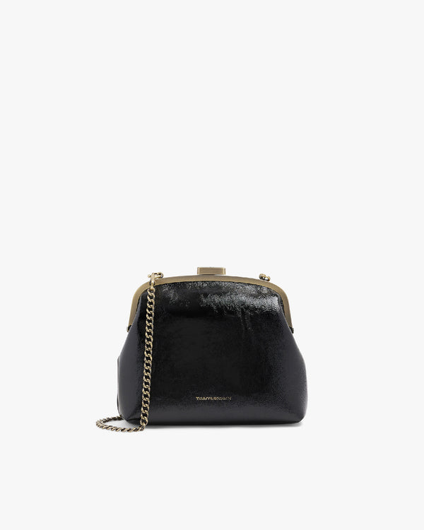 Sac EMMA noir naplak de face, fermoir cadre doré fermé, avec chaîne bandoulière